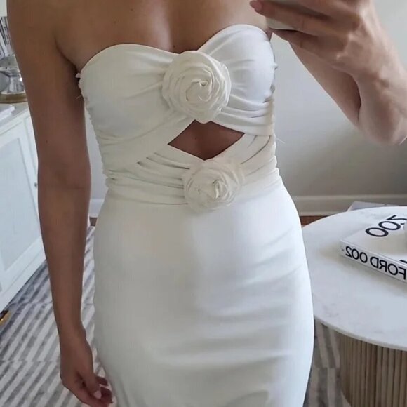 New Torn by Ronny Kobo Selena Strapless Cutout Rosette Bodycon Ivory Midi Dress - Picture 7 of 15